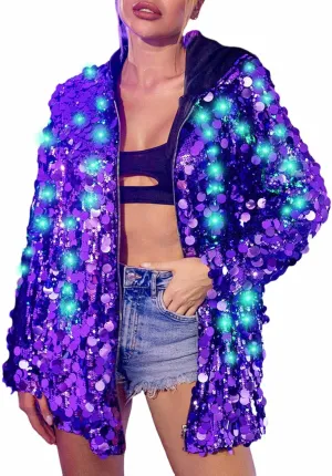 Edary Women's Light Up Hooded Sequin Jacket Coat Glowing Sparkly Long Sleeve Blazer Party Night Club New Years Jackets