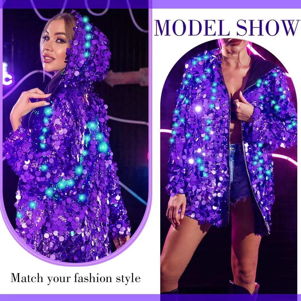 Edary Women's Light Up Hooded Sequin Jacket Coat Glowing Sparkly Long Sleeve Blazer Party Night Club New Years Jackets