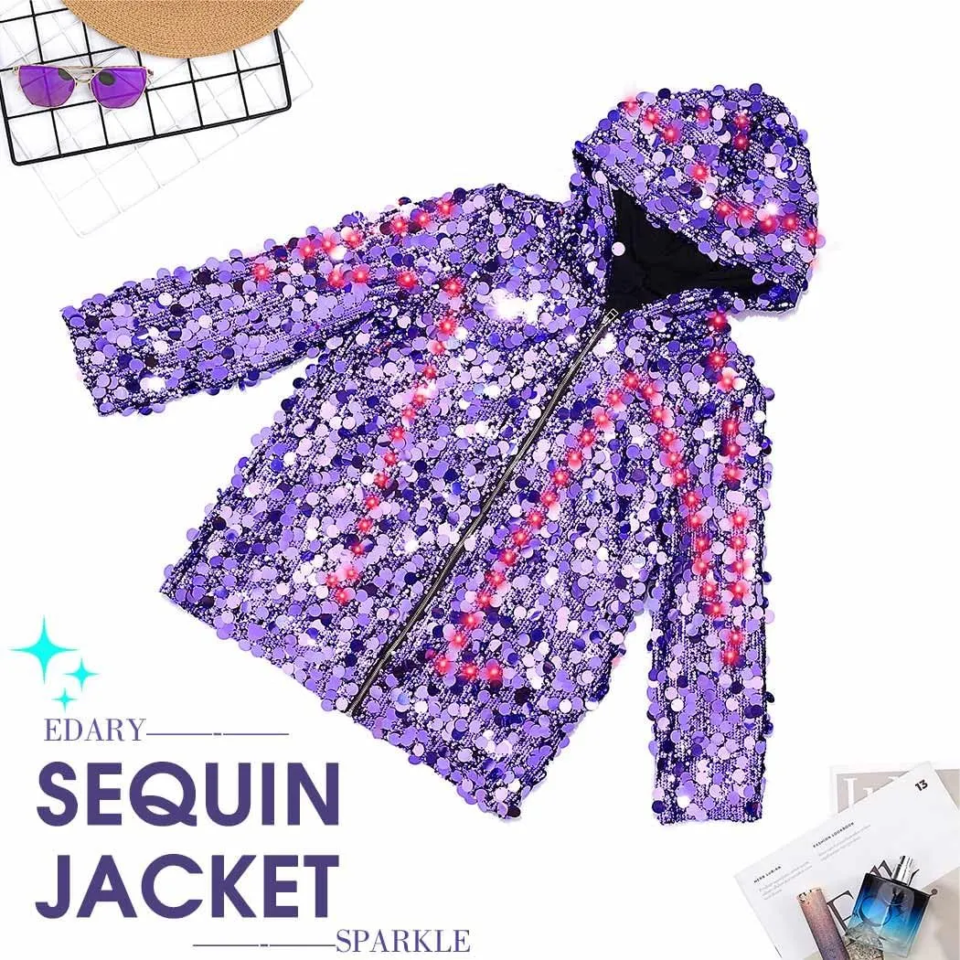 Edary Women's Light Up Hooded Sequin Jacket Coat Glowing Sparkly Long Sleeve Blazer Party Night Club New Years Jackets