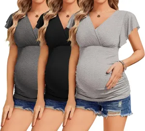 Ekouaer Women's Maternity Shirts 3 Packs Nursing Tops Flying Short Sleeve Breastfeeding Tees Side Ruched Pregnancy Clothes