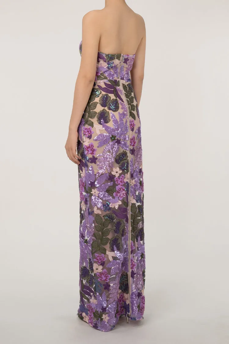 Elegant Bustier Strapless Sequin Floral Embroidered Evening Maxi Dress