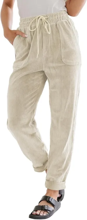 EVALESS Corduroy Pants for Women Casual Drawstring Elastic High Waist Straight Leg Pants Loose Comfy Trousers with Pockets