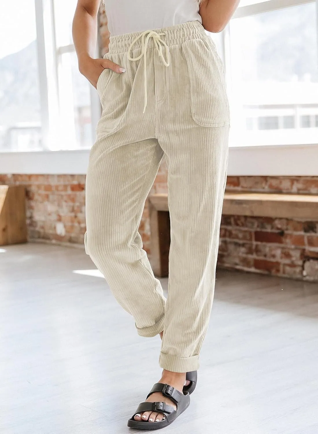 EVALESS Corduroy Pants for Women Casual Drawstring Elastic High Waist Straight Leg Pants Loose Comfy Trousers with Pockets