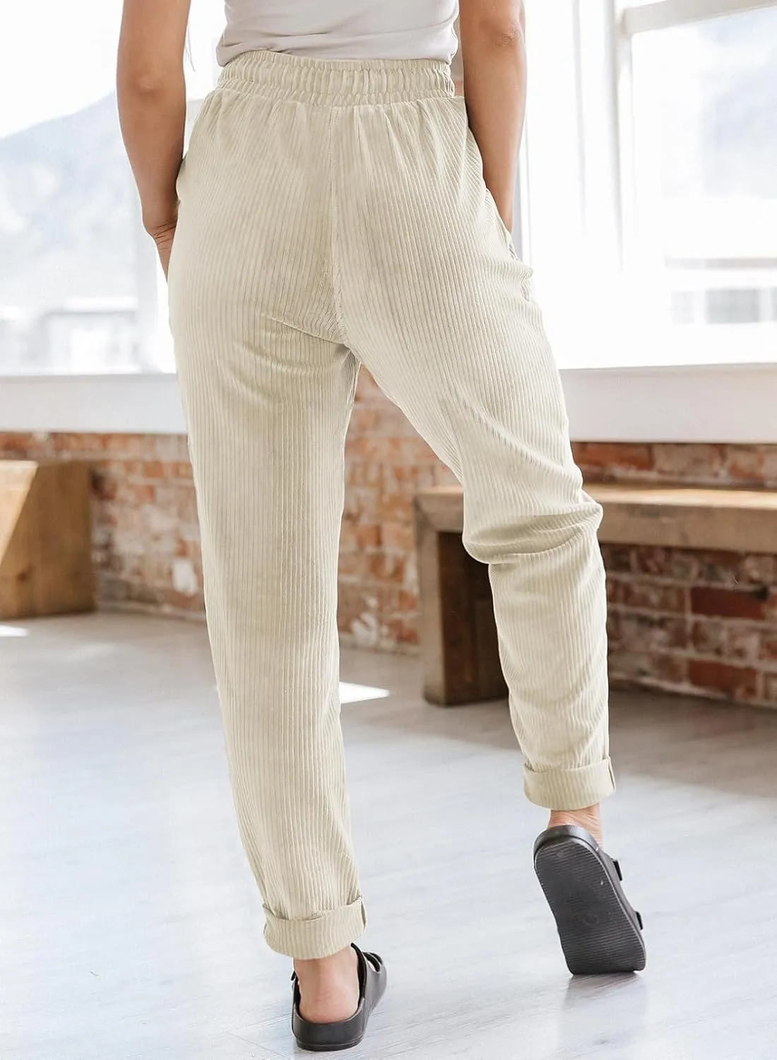 EVALESS Corduroy Pants for Women Casual Drawstring Elastic High Waist Straight Leg Pants Loose Comfy Trousers with Pockets
