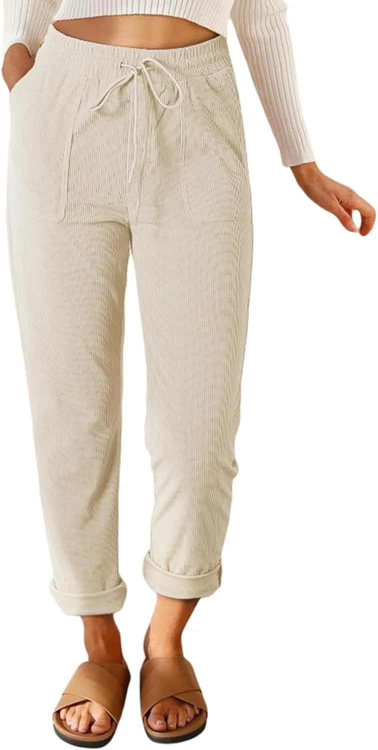 EVALESS Corduroy Pants for Women Casual Drawstring Elastic High Waist Straight Leg Pants Loose Comfy Trousers with Pockets