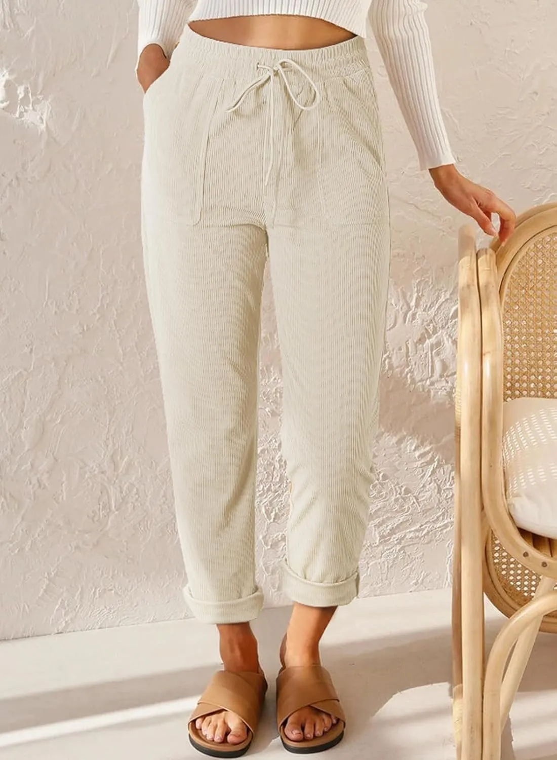 EVALESS Corduroy Pants for Women Casual Drawstring Elastic High Waist Straight Leg Pants Loose Comfy Trousers with Pockets