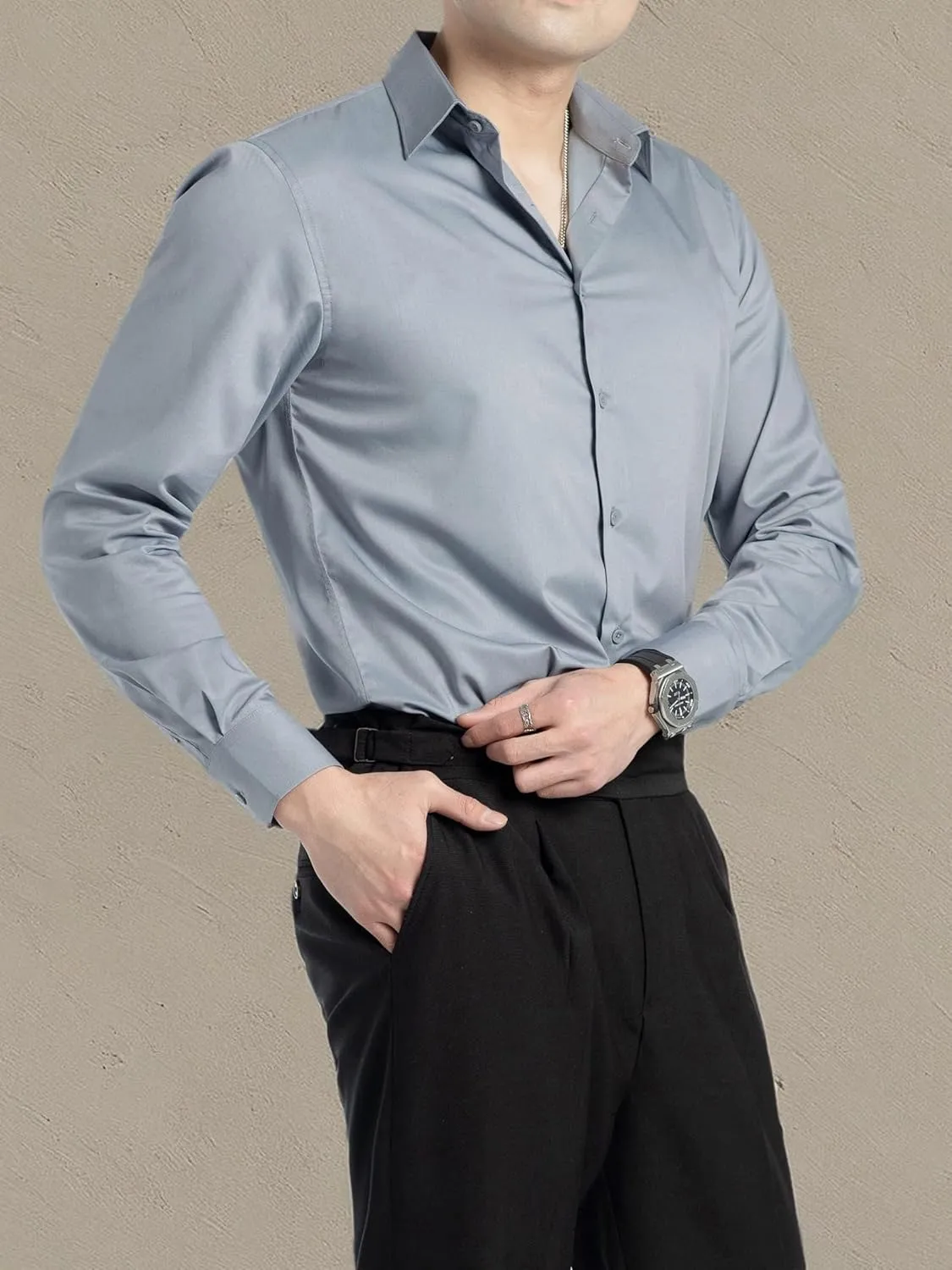 FAHIZO Men's Dress Shirt Regular Fit Soild Business Formal Long Sleeve Button Up Stretch Shirts
