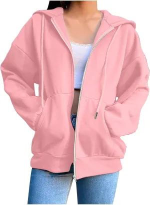 Fenleo Womens Zip Up Hoodies Long Sleeve Oversized Sweatshirts Fall Outfits Pockets Patchwork Hoodie for Women