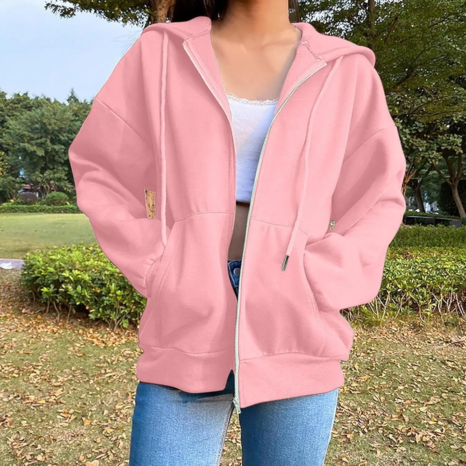 Fenleo Womens Zip Up Hoodies Long Sleeve Oversized Sweatshirts Fall Outfits Pockets Patchwork Hoodie for Women