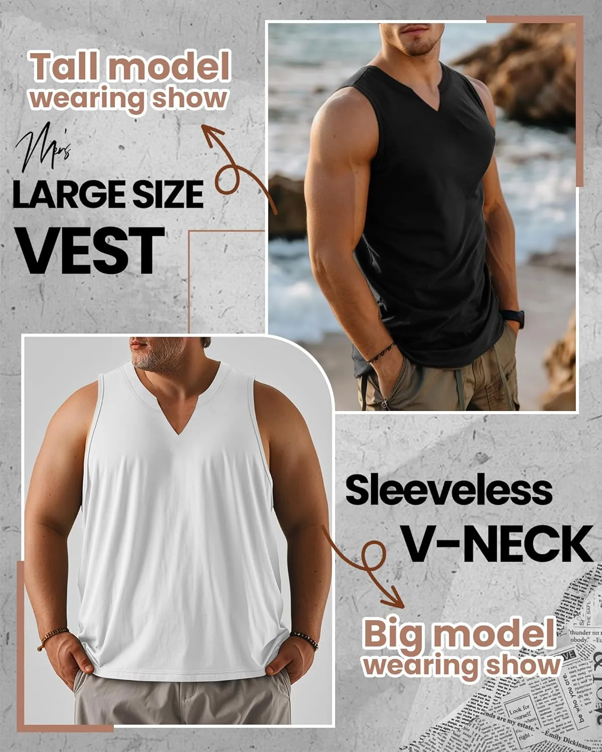 Ficerd 3 Pack Men's Big and Tall Muscle Tank Tops Cotton V Neck Sleeveless Shirts Plus Size Summer Casual Lightweight Tees
