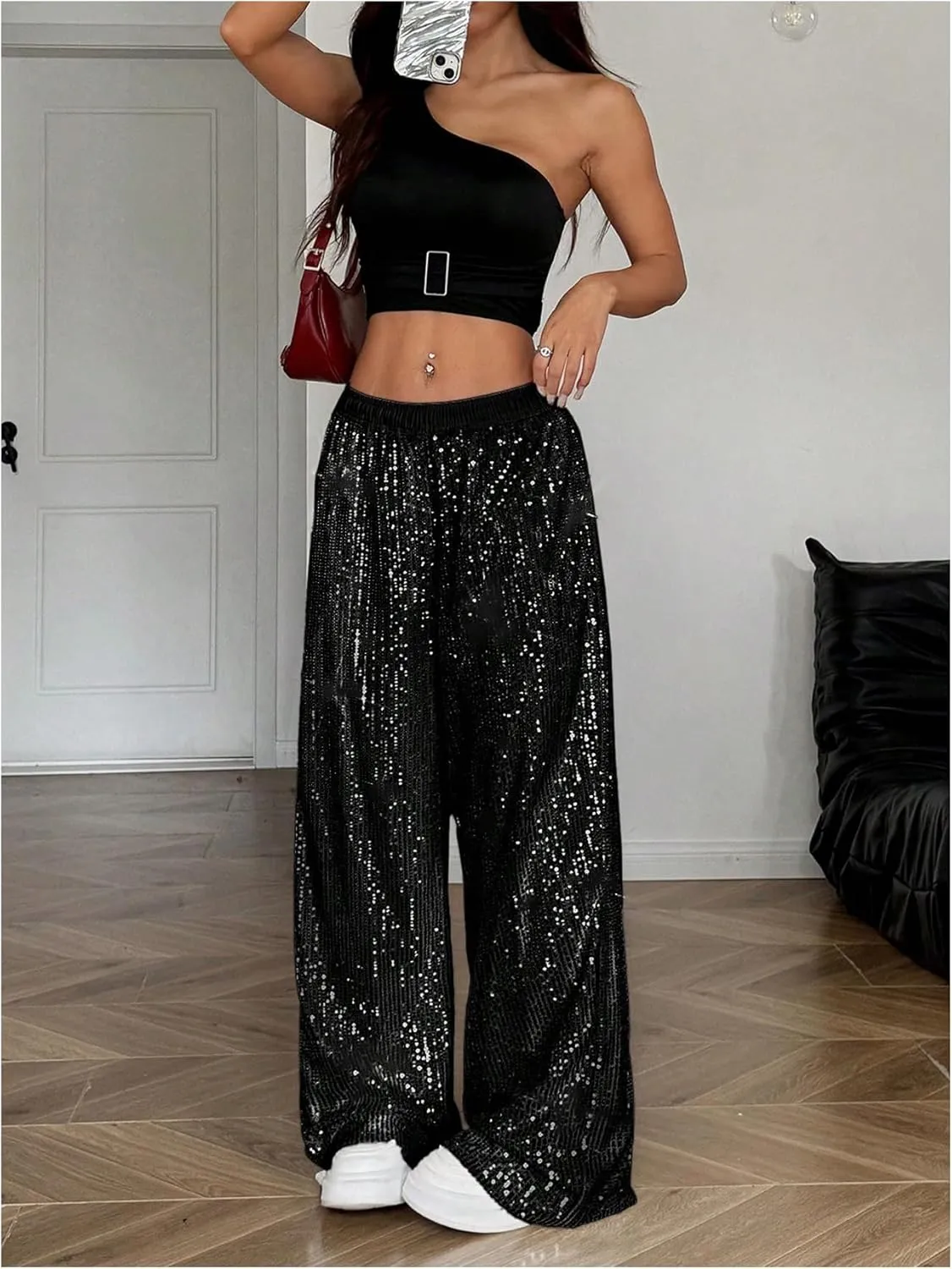 Floerns Women's Shiny Sequin Wide Leg Pants Elastic Waist Sparkly Baggy Pants
