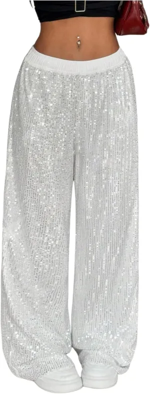 Floerns Women's Shiny Sequin Wide Leg Pants Elastic Waist Sparkly Baggy Pants