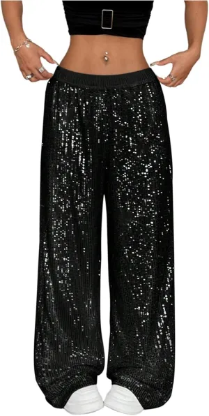 Floerns Women's Shiny Sequin Wide Leg Pants Elastic Waist Sparkly Baggy Pants