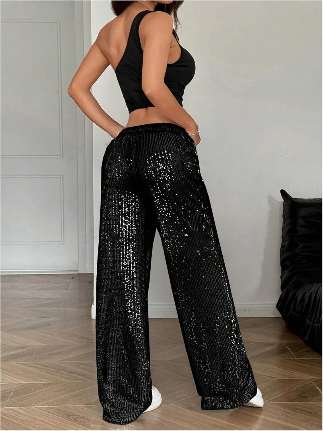 Floerns Women's Shiny Sequin Wide Leg Pants Elastic Waist Sparkly Baggy Pants
