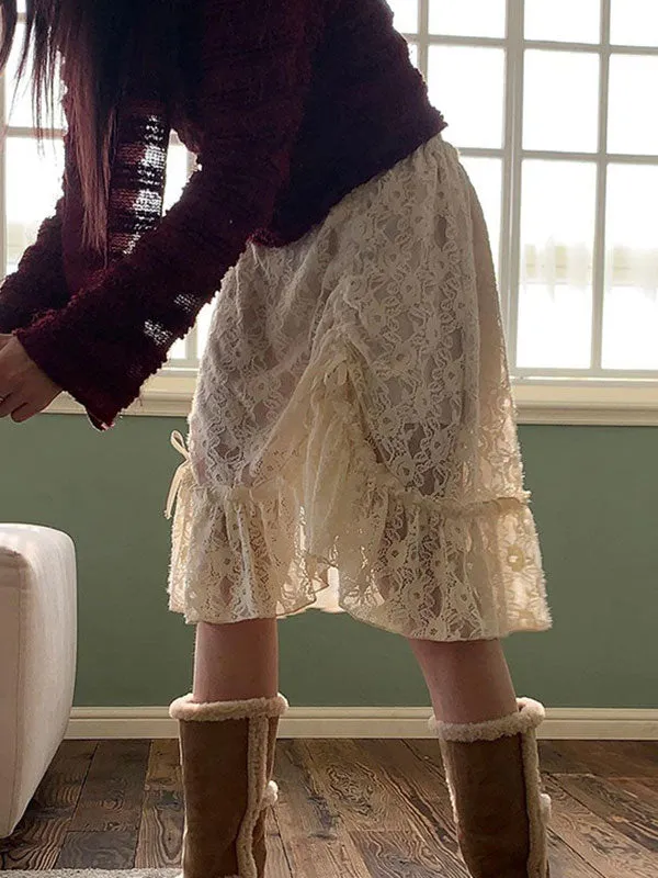 Floral Hollow Out Bow Midi Skirt