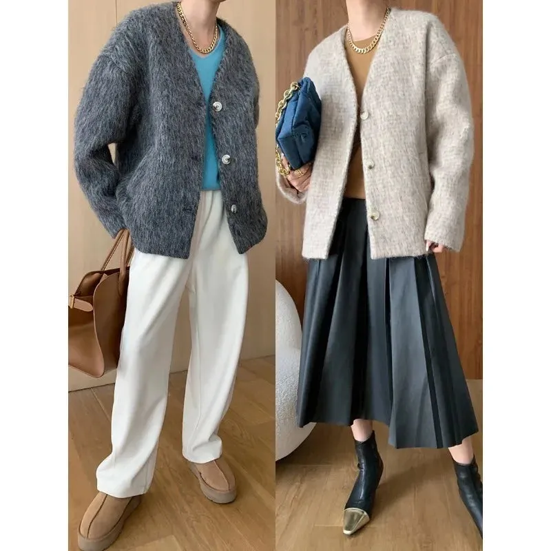 Flytonn-Fall Outfits Women Fur V-neck Plush Thick Coat 2024 Autumn Oversized Woolen Jacket