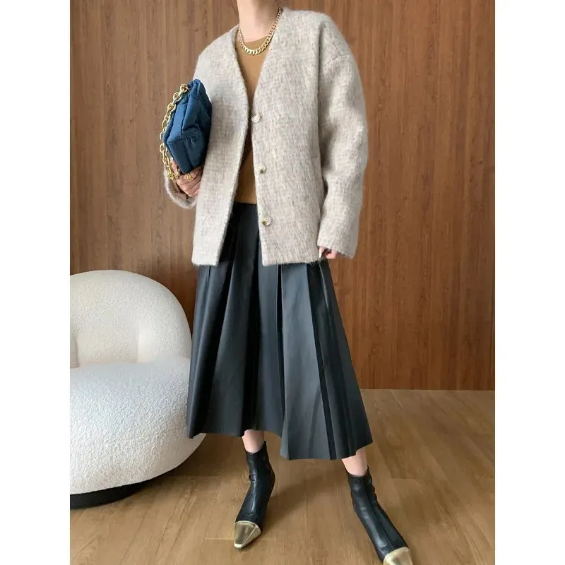 Flytonn-Fall Outfits Women Fur V-neck Plush Thick Coat 2024 Autumn Oversized Woolen Jacket