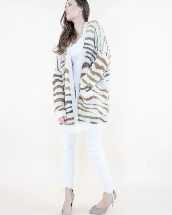 Gold & White Tiger Print Cardigan w/ Pockets
