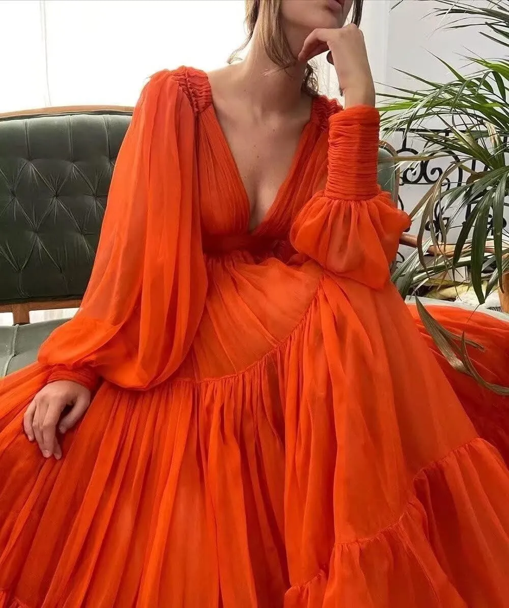 Guramisi Long Sleeve Chiffon Prom Dresses V Neck Puffy A Line Ball Gowns for Women Princess Formal Evening Party Gown