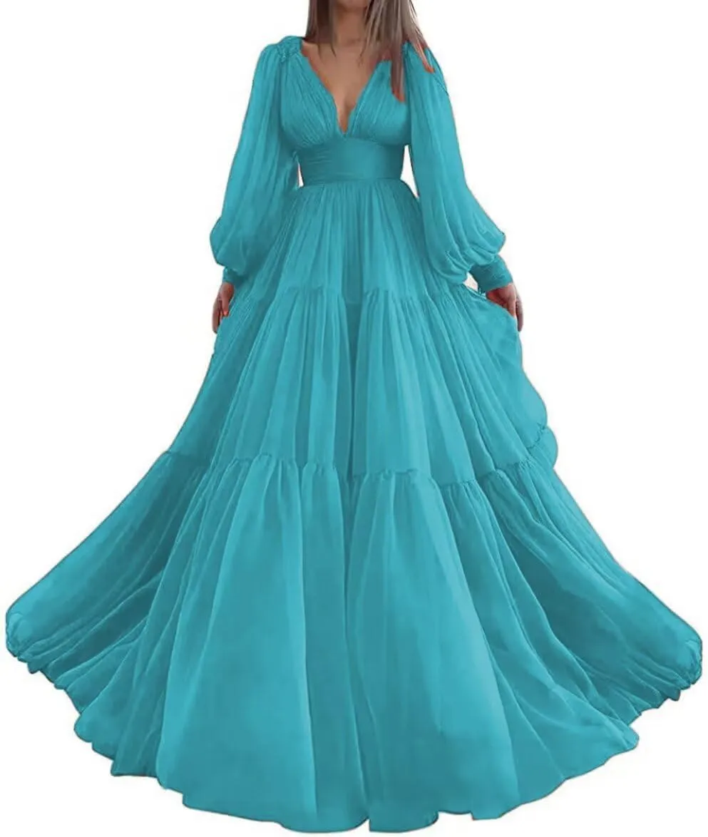Guramisi Long Sleeve Chiffon Prom Dresses V Neck Puffy A Line Ball Gowns for Women Princess Formal Evening Party Gown