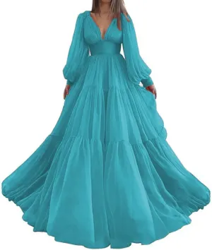 Guramisi Long Sleeve Chiffon Prom Dresses V Neck Puffy A Line Ball Gowns for Women Princess Formal Evening Party Gown