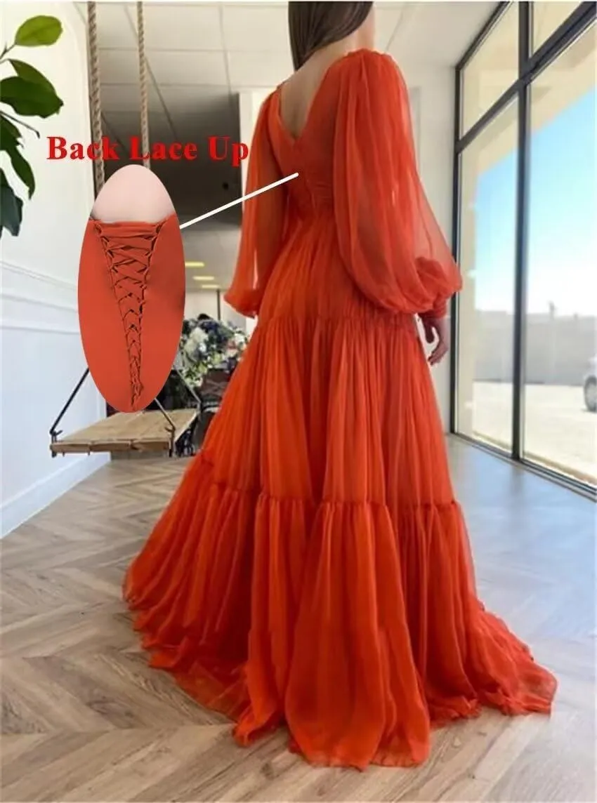 Guramisi Long Sleeve Chiffon Prom Dresses V Neck Puffy A Line Ball Gowns for Women Princess Formal Evening Party Gown