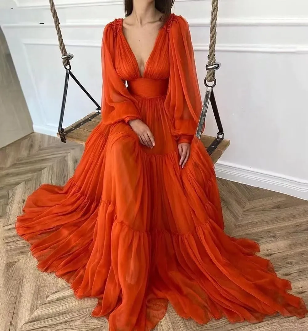 Guramisi Long Sleeve Chiffon Prom Dresses V Neck Puffy A Line Ball Gowns for Women Princess Formal Evening Party Gown