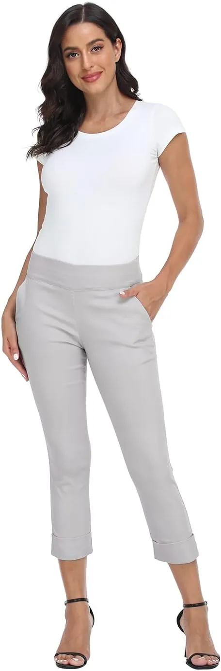 HDE Pull On Capri Pants for Women with Pockets Elastic Waist Cropped Work Pants