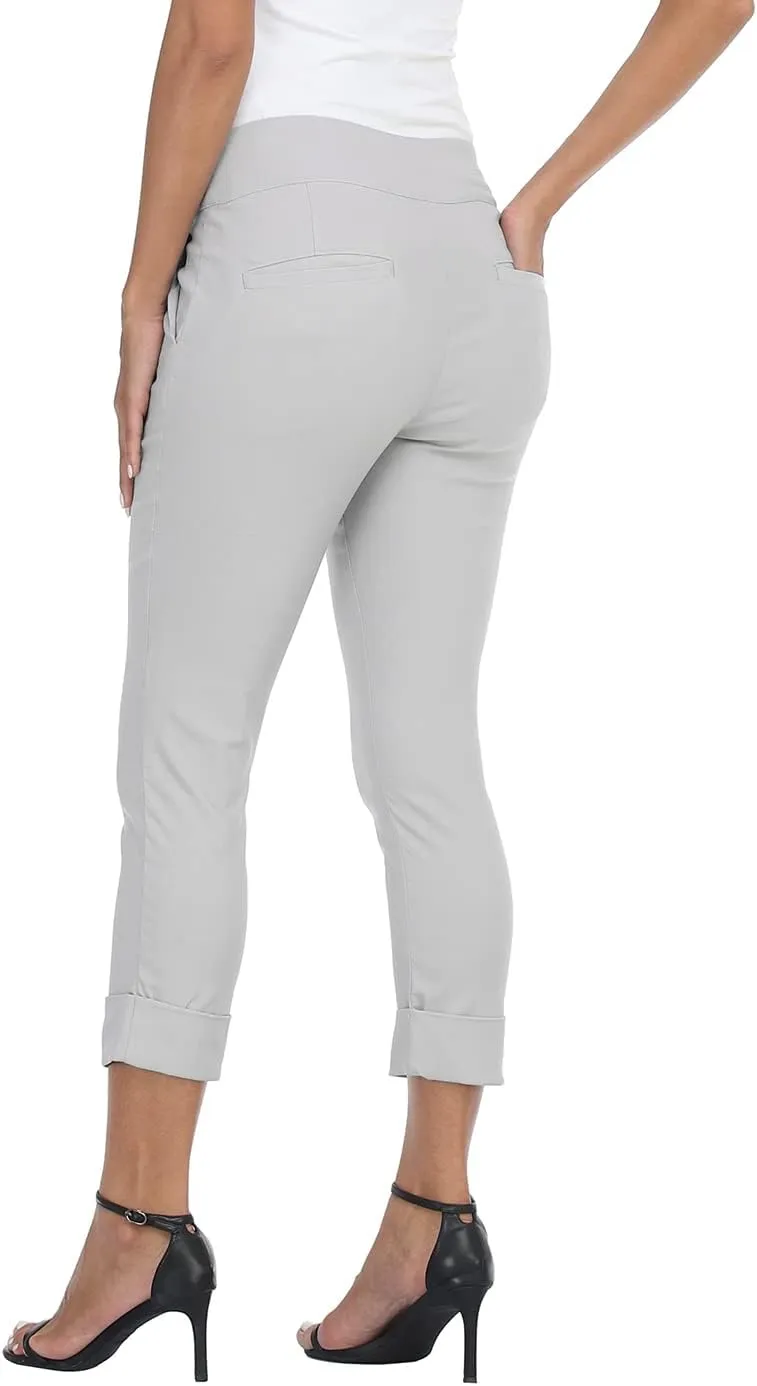 HDE Pull On Capri Pants for Women with Pockets Elastic Waist Cropped Work Pants