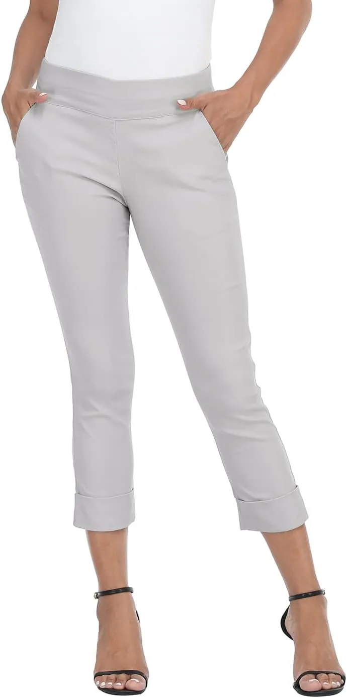 HDE Pull On Capri Pants for Women with Pockets Elastic Waist Cropped Work Pants