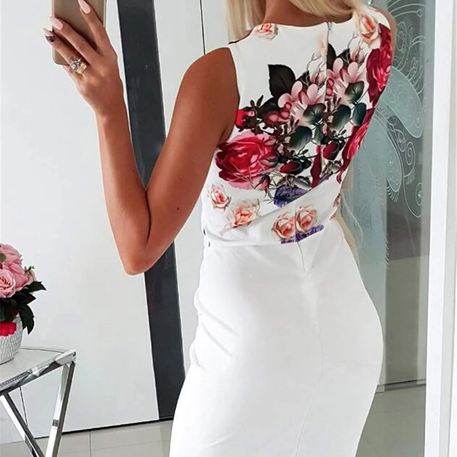 HGOOGY Sundress Beach Pockets Dress HIPS Printed Women Slim Multicolor V-Neck Side Sexy Mid Length Summer Dresses