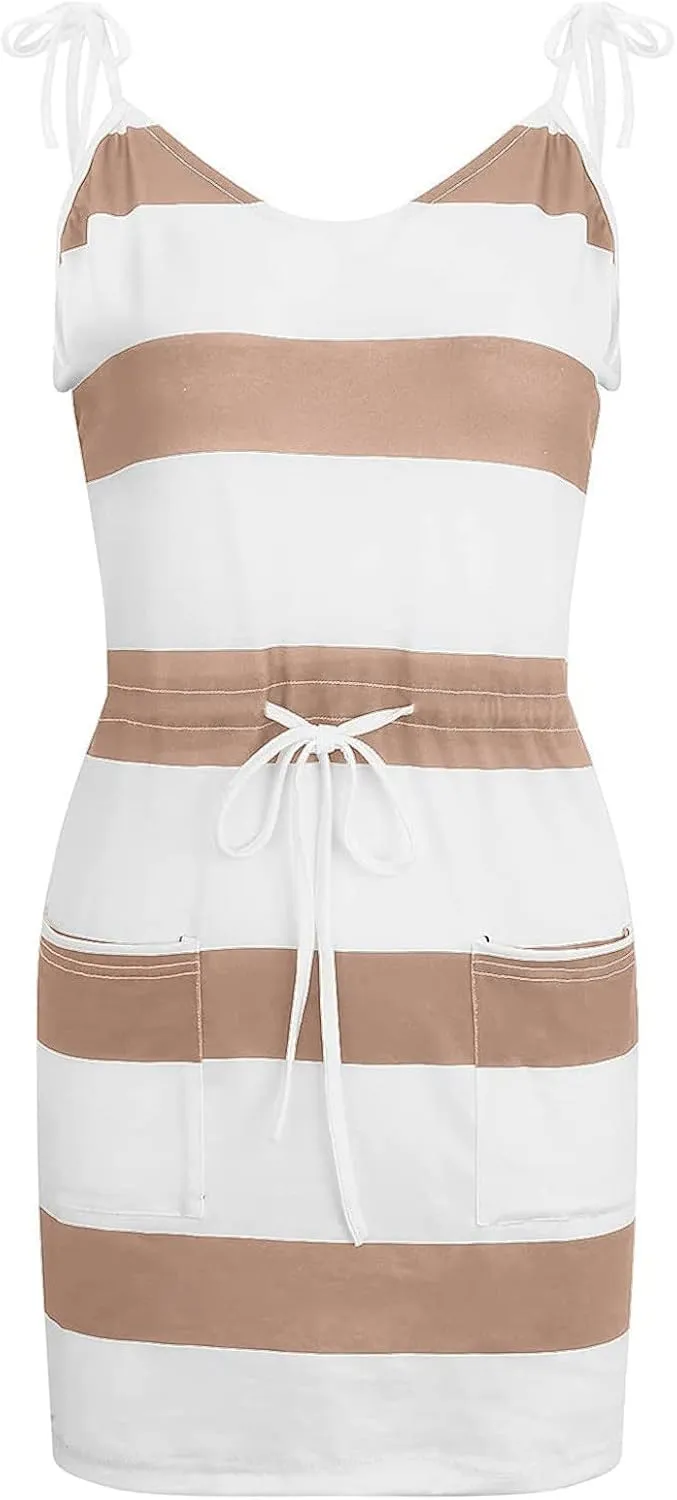 hlysgo Sundresses for Women 2025 Summer Casual Sleeveless V Neck Mini Dresses Drawstring Waist Stripes Dress with Pockets