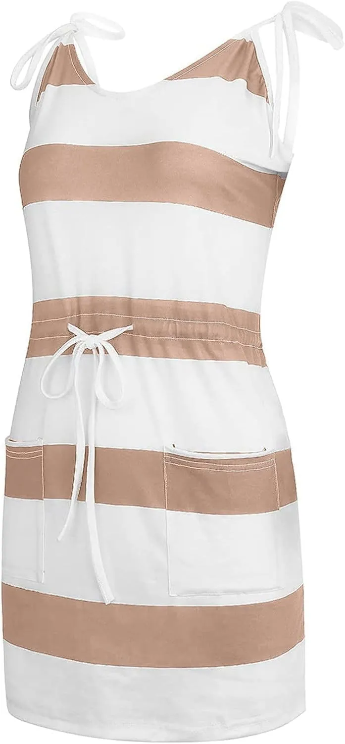 hlysgo Sundresses for Women 2025 Summer Casual Sleeveless V Neck Mini Dresses Drawstring Waist Stripes Dress with Pockets