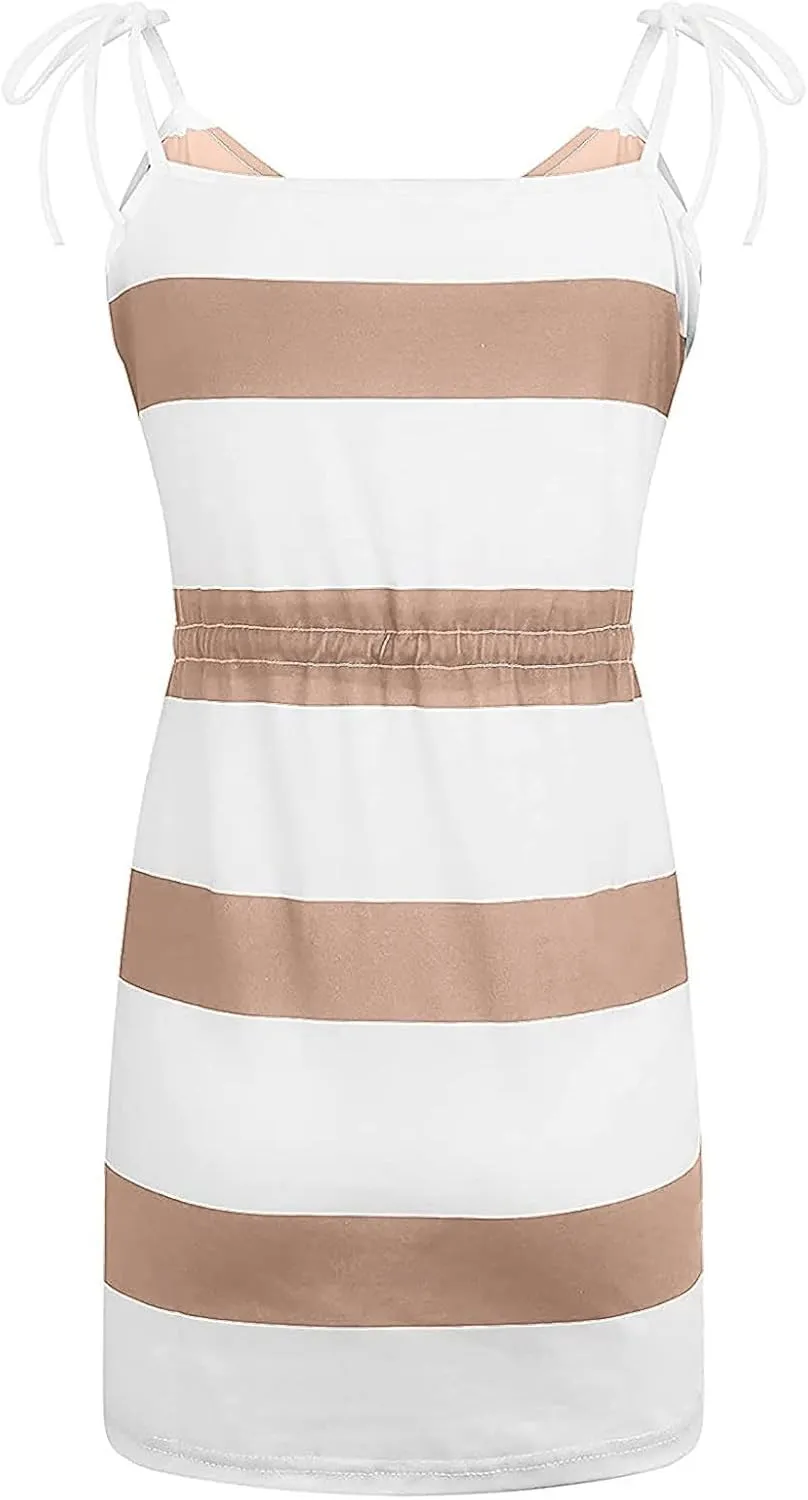 hlysgo Sundresses for Women 2025 Summer Casual Sleeveless V Neck Mini Dresses Drawstring Waist Stripes Dress with Pockets