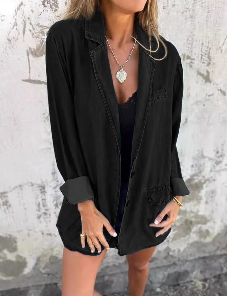 IDEALSANXUN Long Denim Blazer for Women Fall Casual Jean Jacket Oversized Shacket Lightweight Coats