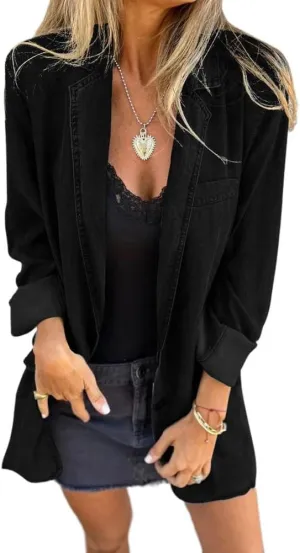 IDEALSANXUN Long Denim Blazer for Women Fall Casual Jean Jacket Oversized Shacket Lightweight Coats