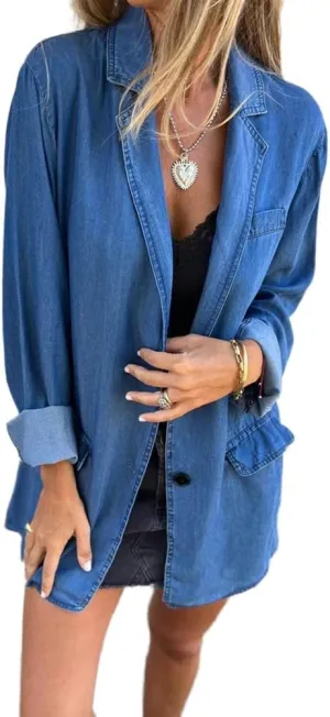 IDEALSANXUN Long Denim Blazer for Women Fall Casual Jean Jacket Oversized Shacket Lightweight Coats