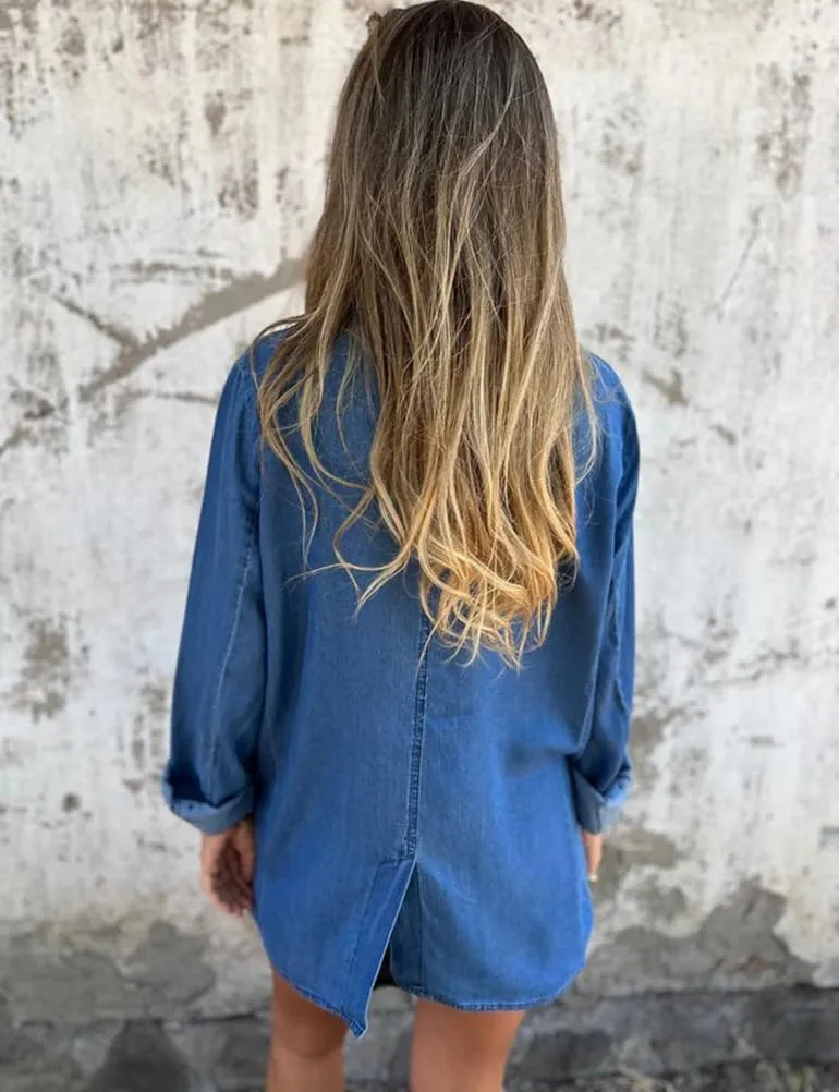 IDEALSANXUN Long Denim Blazer for Women Fall Casual Jean Jacket Oversized Shacket Lightweight Coats