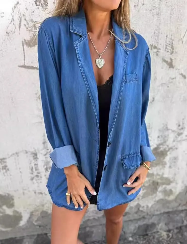 IDEALSANXUN Long Denim Blazer for Women Fall Casual Jean Jacket Oversized Shacket Lightweight Coats