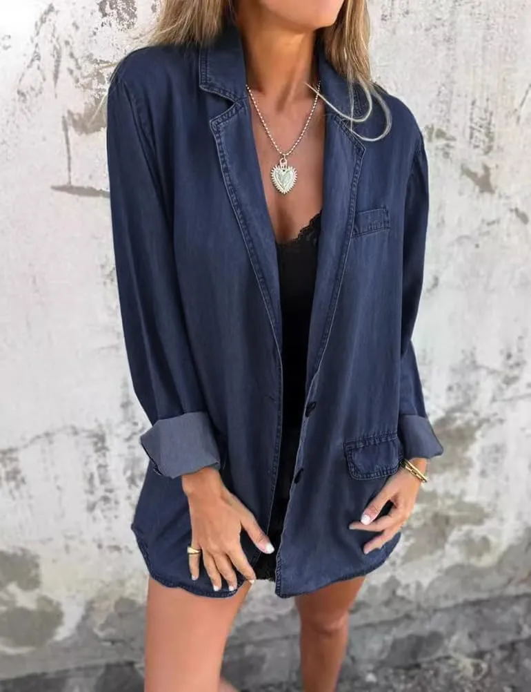 IDEALSANXUN Long Denim Blazer for Women Fall Casual Jean Jacket Oversized Shacket Lightweight Coats