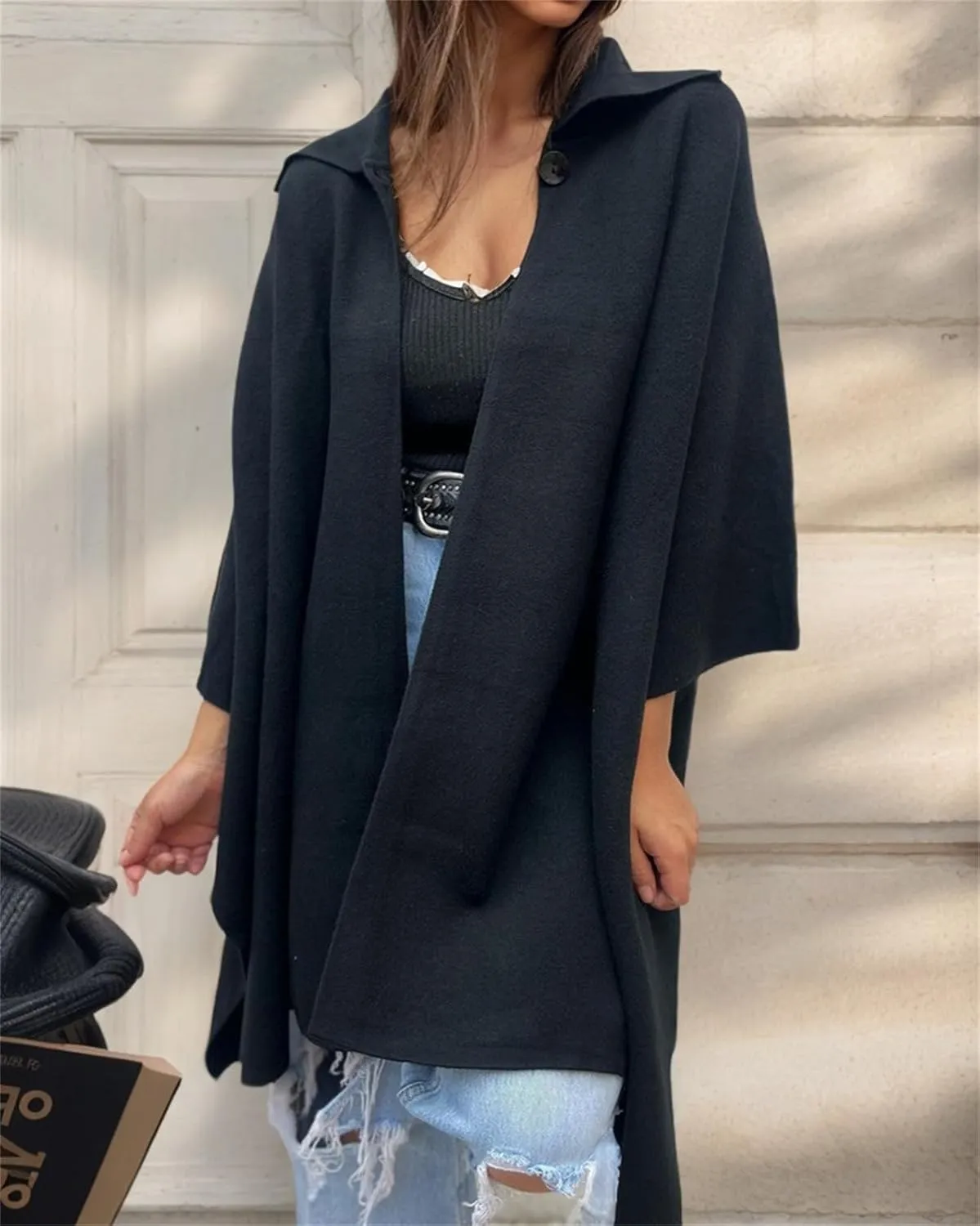 IVERIRMIN Women's Shawl Neck Poncho Coats Light Fleece One-button Cape Jackets Sherpa Open Sleeve Shawl Wraps Cloak Outerwear