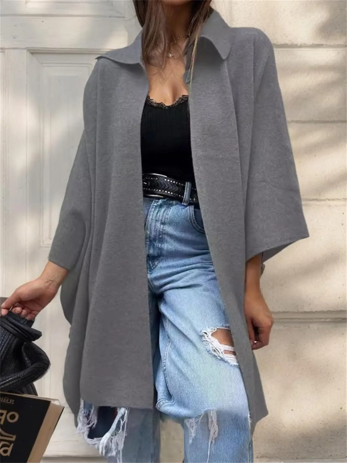 IVERIRMIN Women's Shawl Neck Poncho Coats Light Fleece One-button Cape Jackets Sherpa Open Sleeve Shawl Wraps Cloak Outerwear