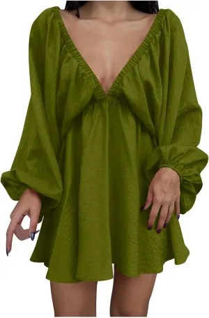 Knee Length Dress for Women 2025 Summer Sexy Long Sleeve V Neck Mini Dresses Casual Loose Fit Vintage Short Dress