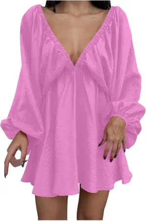 Knee Length Dress for Women 2025 Summer Sexy Long Sleeve V Neck Mini Dresses Casual Loose Fit Vintage Short Dress