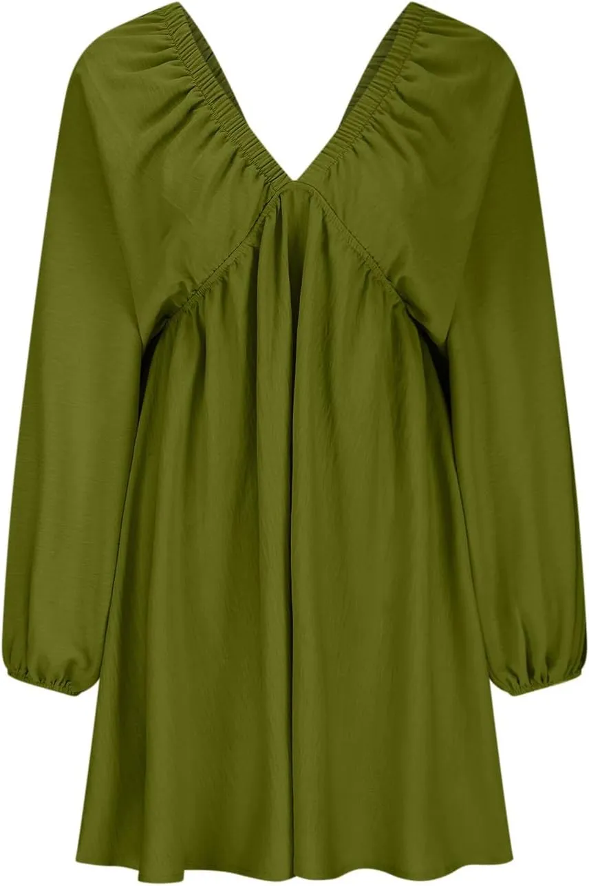 Knee Length Dress for Women 2025 Summer Sexy Long Sleeve V Neck Mini Dresses Casual Loose Fit Vintage Short Dress