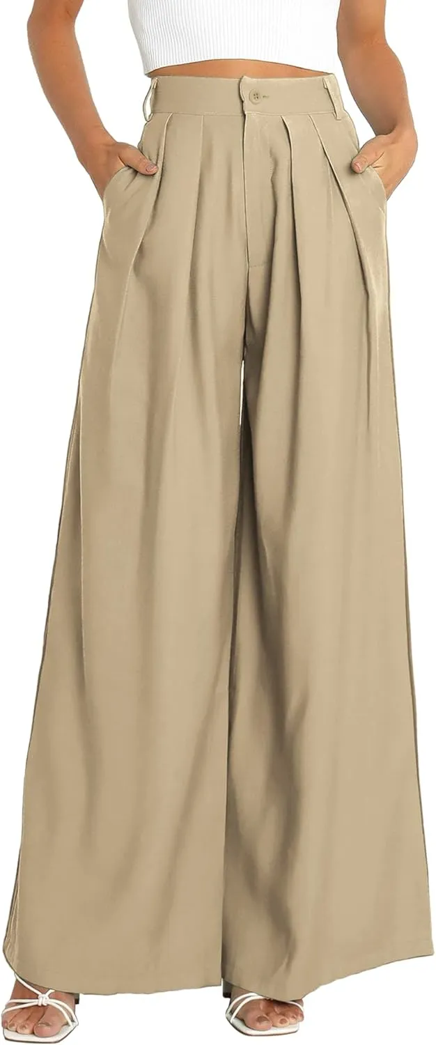 Kocowoo Women's High Waist Casual Wide Leg Palazzo Pants, Dress Pants for Women, Work Pants with Pockets for Women Office. Light- Khaki
