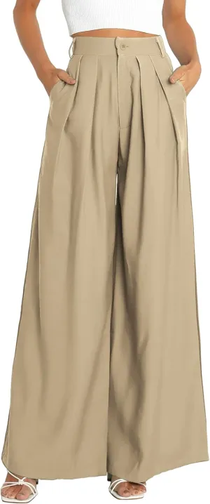 Kocowoo Women's High Waist Casual Wide Leg Palazzo Pants, Dress Pants for Women, Work Pants with Pockets for Women Office. Light- Khaki