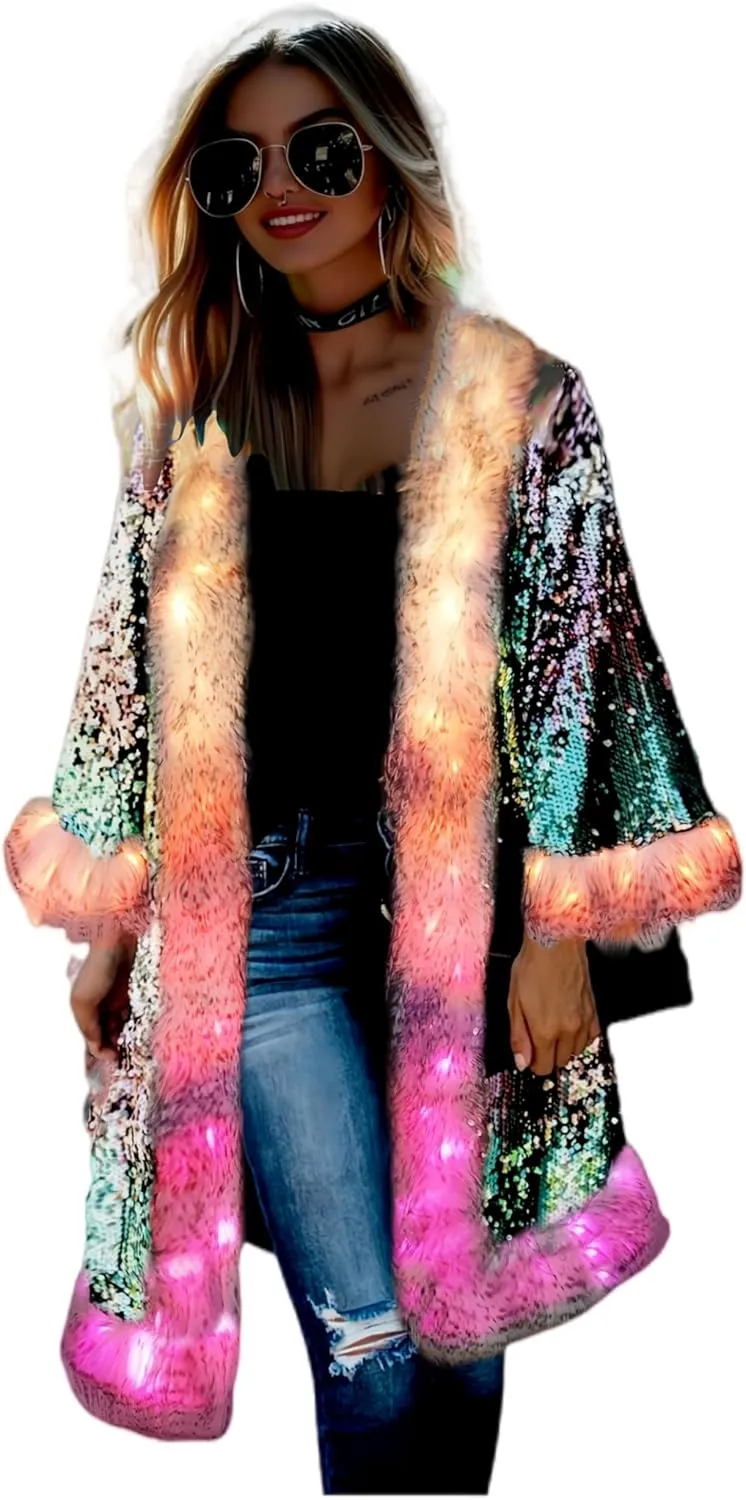LED Light up Sequin Coat for Women Flash Sparkly Jacket Rave Costume Music Festival Outfits Parties Halloween Holiday