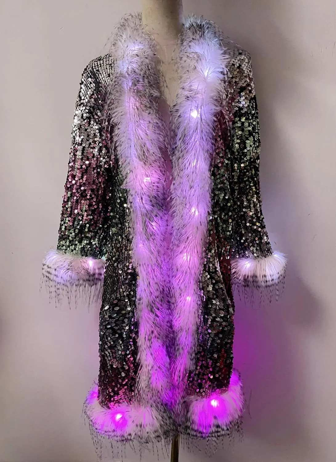 LED Light up Sequin Coat for Women Flash Sparkly Jacket Rave Costume Music Festival Outfits Parties Halloween Holiday