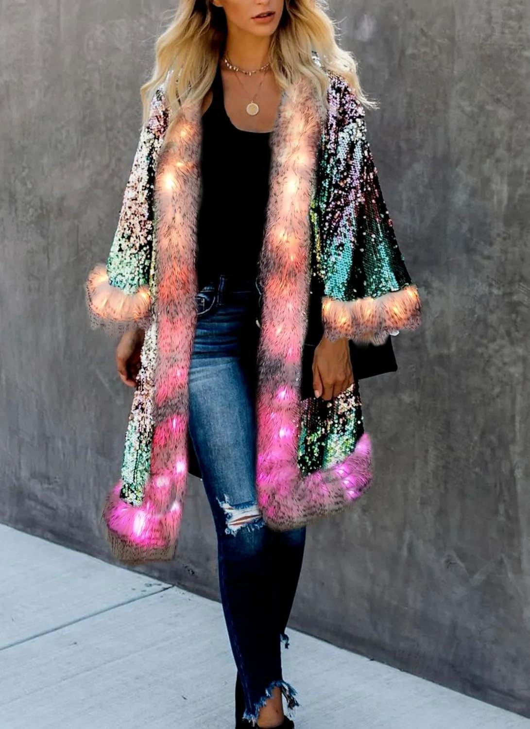 LED Light up Sequin Coat for Women Flash Sparkly Jacket Rave Costume Music Festival Outfits Parties Halloween Holiday